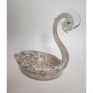 Vtg Murano Art Glass Swan Candy Dish Gold Specks Sticker 1970s Hand Blown 7.5 in